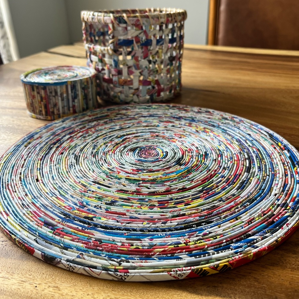 Colorful Woven Basket, Coaster and Charger Set